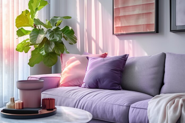 A selection of throw pillows arranged on a sofa, demonstrating a cohesive color scheme with complementary colors and patterns, illustrating how to identify and implement a color scheme when mixing and matching pillows on a sofa