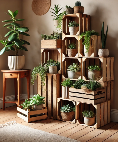 Top 10 Corner Plant Stand Ideas for Indoor Spaces : 10. DIY Crate Plant Stand