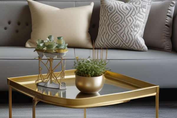 Metallic tray with gold accents on a side table, complementing an affordable sofa for a luxurious touch.